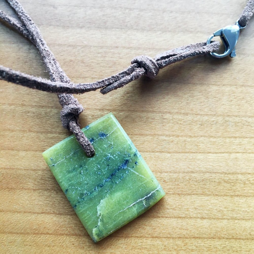 Apple Green Square Stone Pendant Necklace on Natural Brown Leather Cord